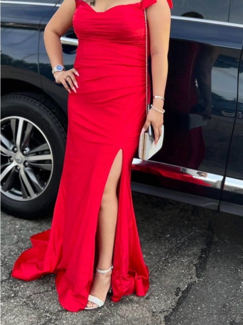 Bold Red Off-Shoulder Satin Gown with Thigh Slit